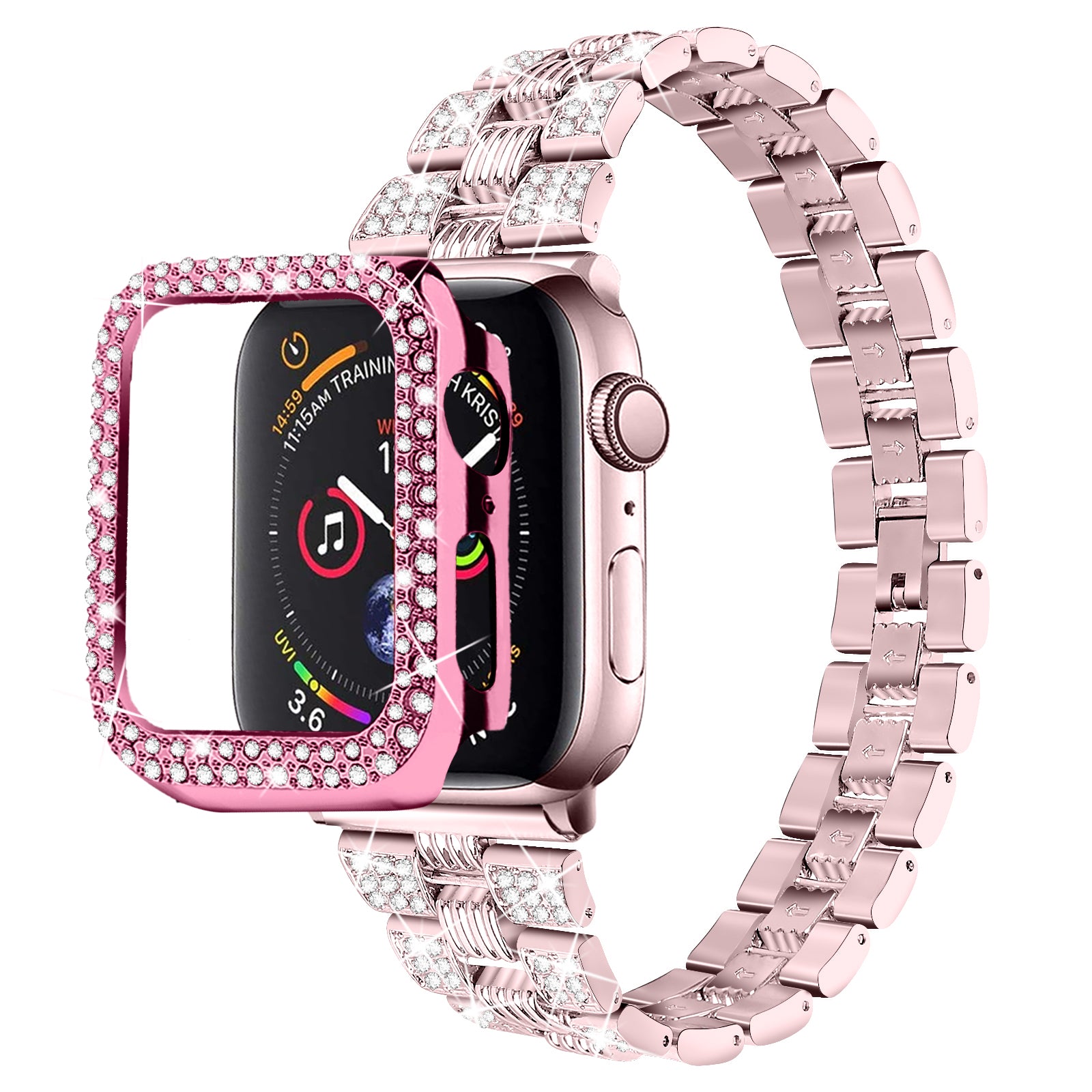 For Apple Watch Series 7 45mm 2-in-1 Design Stainless Steel Rhinestone Thread Watch Strap + Anti-drop Hard PC Watch Case For Apple Watch Series 7 45mm 2-in-1 Design Stainless Steel Rhinestone Thread Watch Strap + Anti-drop Hard PC Watch Case